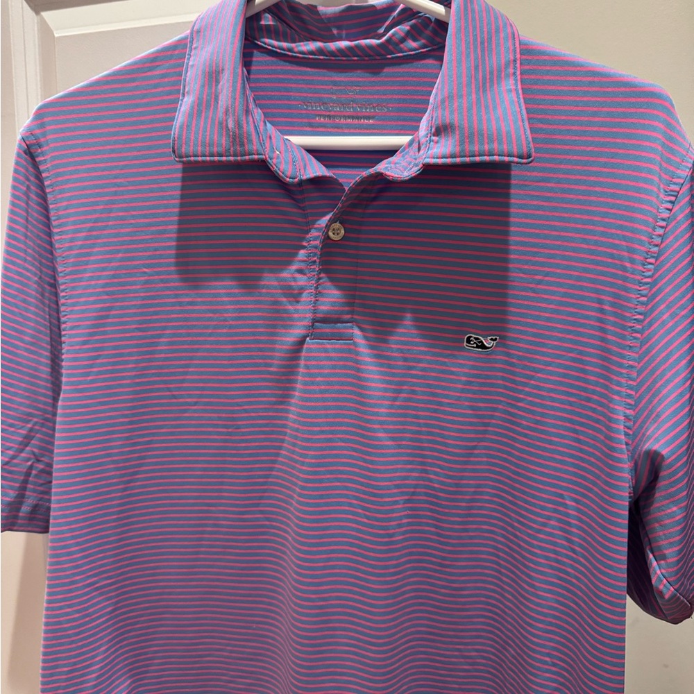 Men’s Vineyard Vines Striped performance Polo in Blue and Pink